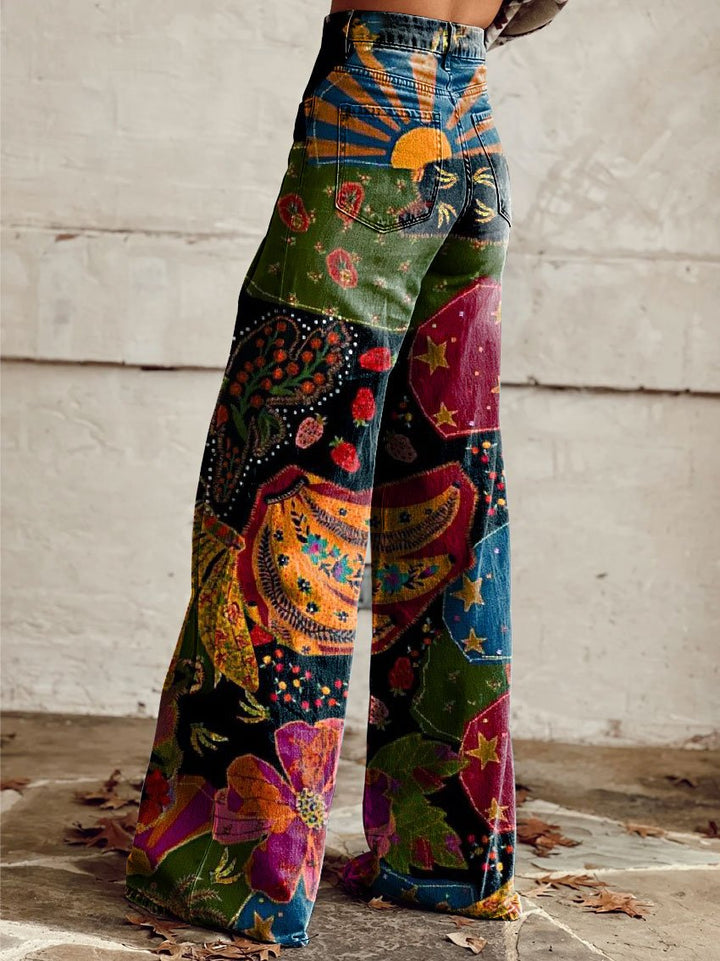 Theodora - Vintage Print Leisure Pants with Wide Leg