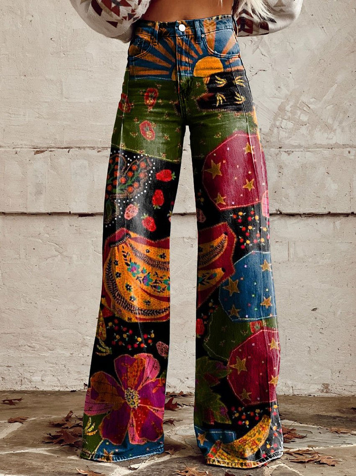 Theodora - Vintage Print Leisure Pants with Wide Leg