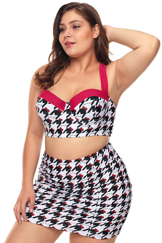 Theresa Kitty Print Bikini Top with Skirt