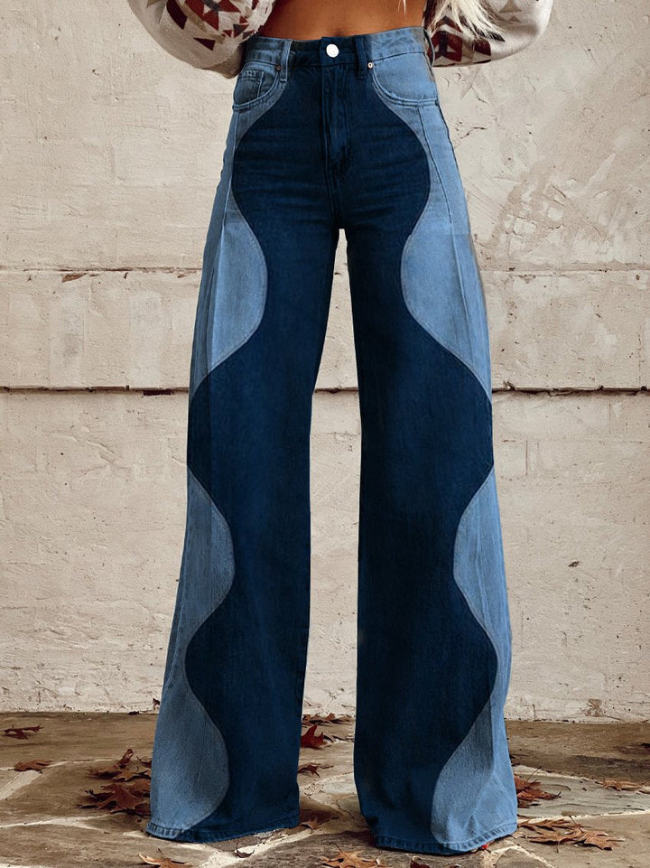 Niamh - Wavy Denim Pattern Print Casual Wide Leg Pants